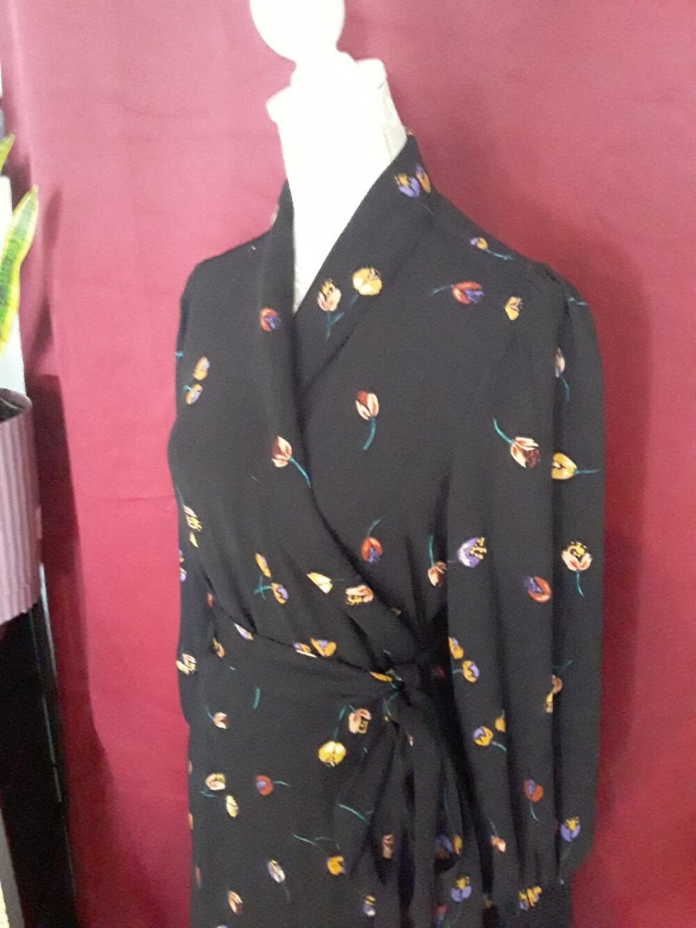 CAbi lovely black wrap long sleeve floral dress size M